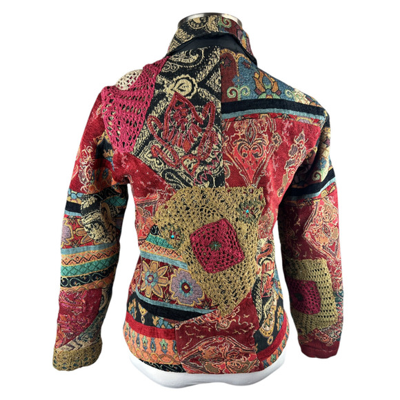 Chico's Tapestry Patchwork Embroidered Crochet Button Front Jacket Sz 1 Medium 8 - Picture 13 of 16